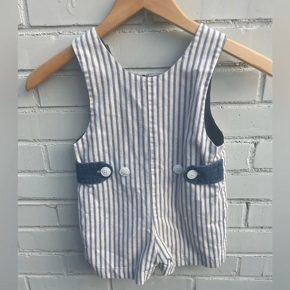 Room to Roup Baby Blue white Lined overalls striped denim Button Overalls Sz 18m